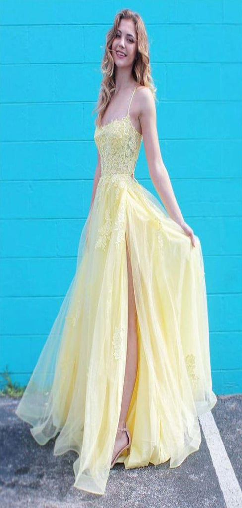 Gorgeous Light Yellow A-Line Spaghetti Straps Side Slit Applique Maxi Long Party Prom Gowns,Evening Dresses,WGP392