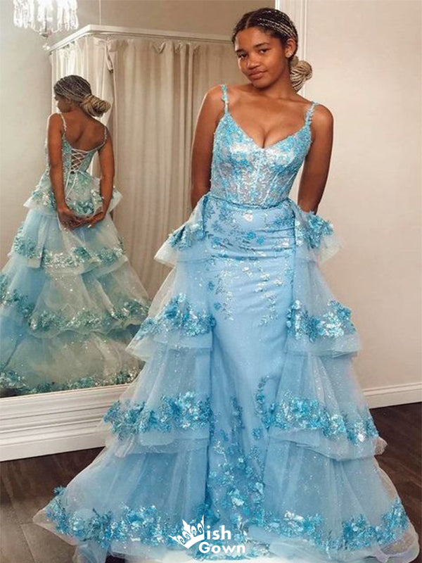 Elegant Baby Blue Spaghetti Strap Lace Long Sleeve Popular Long Evenin Wish Gown Elegant Baby Blue Spaghetti Strap Lace Long Sleeve Popular Long Evenin Wish Gown
