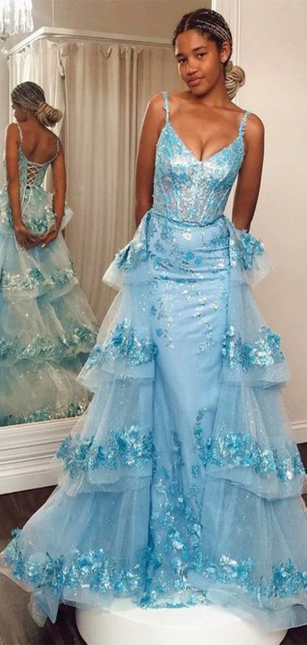 Elegant Baby Blue Spaghetti Strap Lace Long Sleeve Popular Long Evenin Wish Gown Elegant Baby Blue Spaghetti Strap Lace Long Sleeve Popular Long Evenin Wish Gown