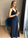 Elegant Blue V-Neck Mermaid Spaghetti Strap Side Slit Popular Long Evening Dresses, Formal Dresses, Birthday Party, WGP638