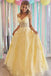 Elegant Yellow A-Line Spaghetti Straps V Neck Lace Applique Maxi Long Party Prom Gowns,Evening Dresses,WGP393