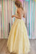 Elegant Yellow A-Line Spaghetti Straps V Neck Lace Applique Maxi Long Party Prom Gowns,Evening Dresses,WGP393