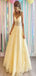 Elegant Yellow A-Line Spaghetti Straps V Neck Lace Applique Maxi Long Party Prom Gowns,Evening Dresses,WGP393