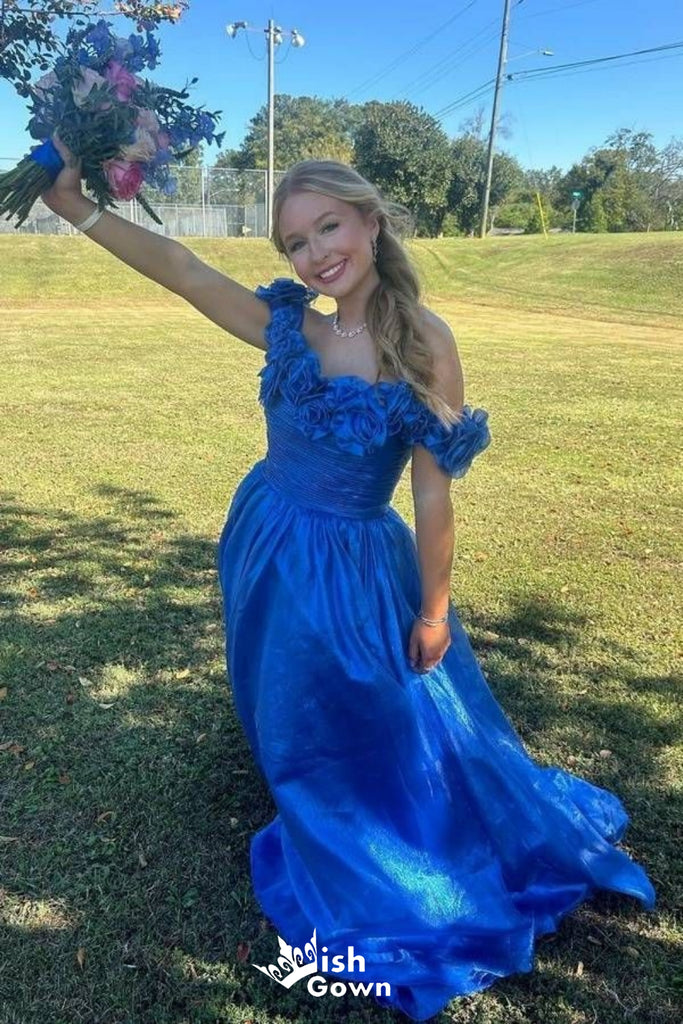 Gorgeous Blue Off Shoulder Ruffles A-line Long Party Dress Prom Dresses, WGP979