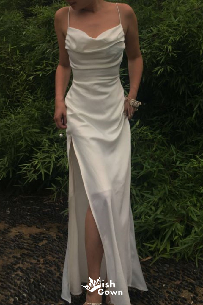 Stylish Ivory Spaghetti Straps Satin Side Slit Sheath Long Prom Dresses ,WGP1063