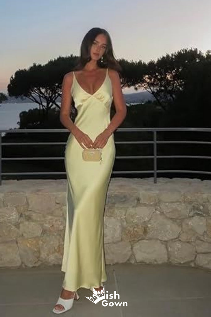 Elegant Yellow V Neck Spaghetti Straps Sheath Long Prom Dresses ,WGP1067