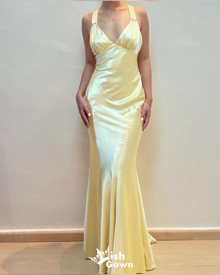 Sexy Mermaid Pale Yellow V Neck Satin Long Prom Dresses ,WGP1069