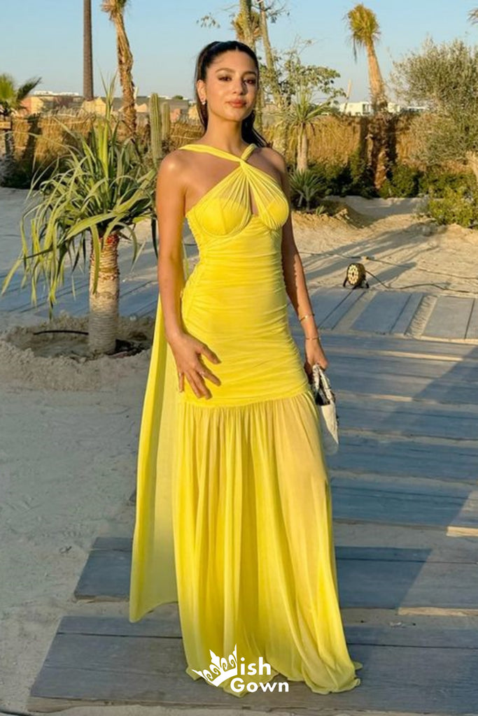 Stylish Yellow Mermaid Chiffon Long Prom Dresses ,WGP1071