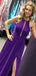 Elegant Purple A-Line Halter Side Slit Long Sleeve Popular Long Evening Dresses, Formal Dresses, Birthday Party, WGP652