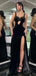 Sexy Black Spaghetti Strap Mermaid Side Slit Long Sleeve Popular Long Evening Dresses, Formal Dresses, Birthday Party, WGP673