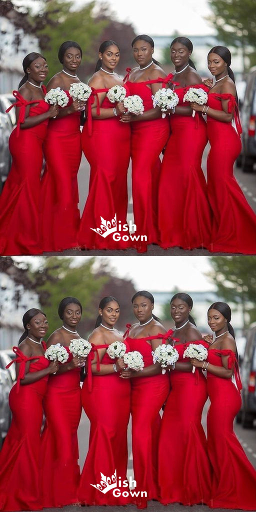 Sexy Red Mermaid Off Shoulder Maxi Long Wedding Guest Bridesmaid Dresses, WGM179