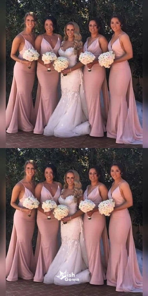Sexy Pink Mermaid Spaghetti Straps V-neck Maxi Long Wedding Guest Dresses, WGM170