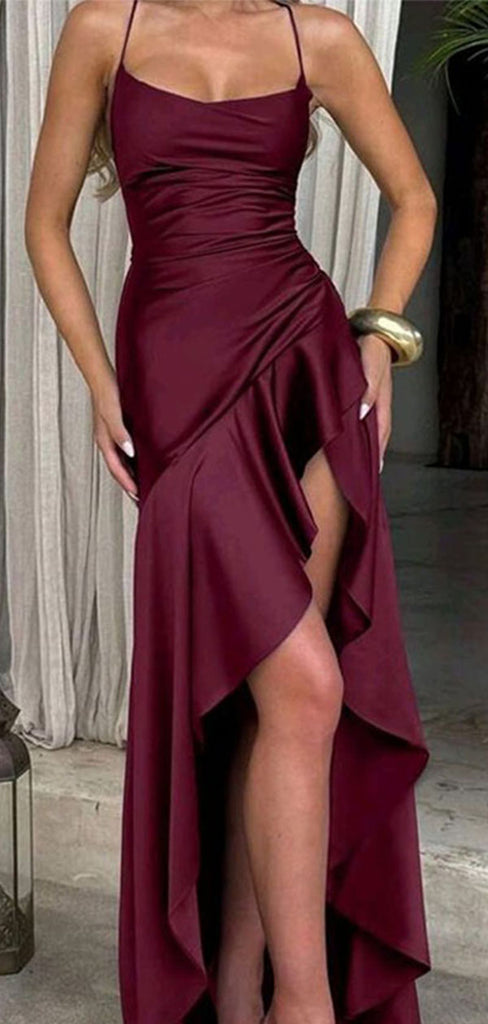 Sexy Burgundy Spaghetti Strap High Low Long Prom Dress Ideas, Evening Party Dresses,WGP1845