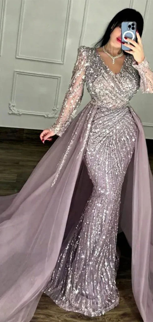 Unique Purple V-Neck Long Sleeve Mermaid Long Prom Dress Ideas, Evening Party Dresses,WGP1904