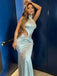 Modern Light Blue Halter Prom Gown Cutout Waist Satin Evening Dress,WGP2148