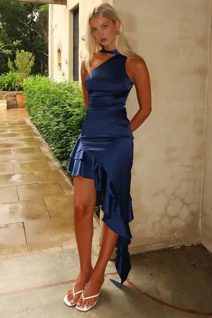 Unique Navy Blue One Shoulder Satin Prom Dress ,Evening Party Dresses,WGP2071