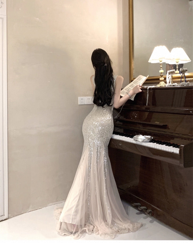 Shiny Champagne Spaghetti Strap Mermaid Long Prom Dress Ideas, Evening Party Dresses,WGP1792