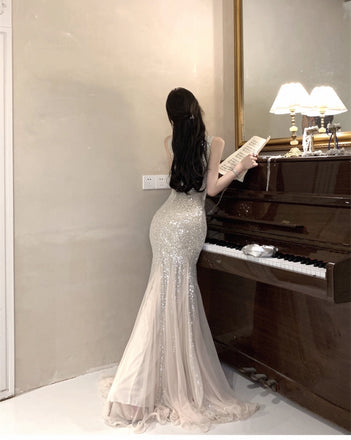 Shiny Champagne Spaghetti Strap Mermaid Long Prom Dress Ideas, Evening Party Dresses,WGP1792