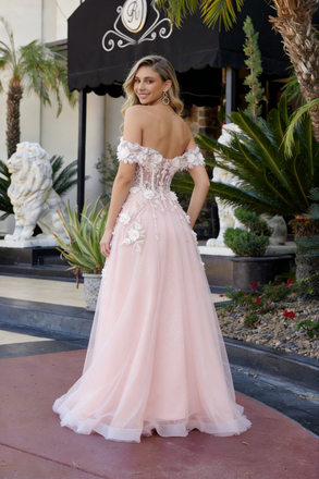 Vintage Floral Applique Prom Dress Pink Off-Shoulder Tulle Wedding Gown,WGP2215