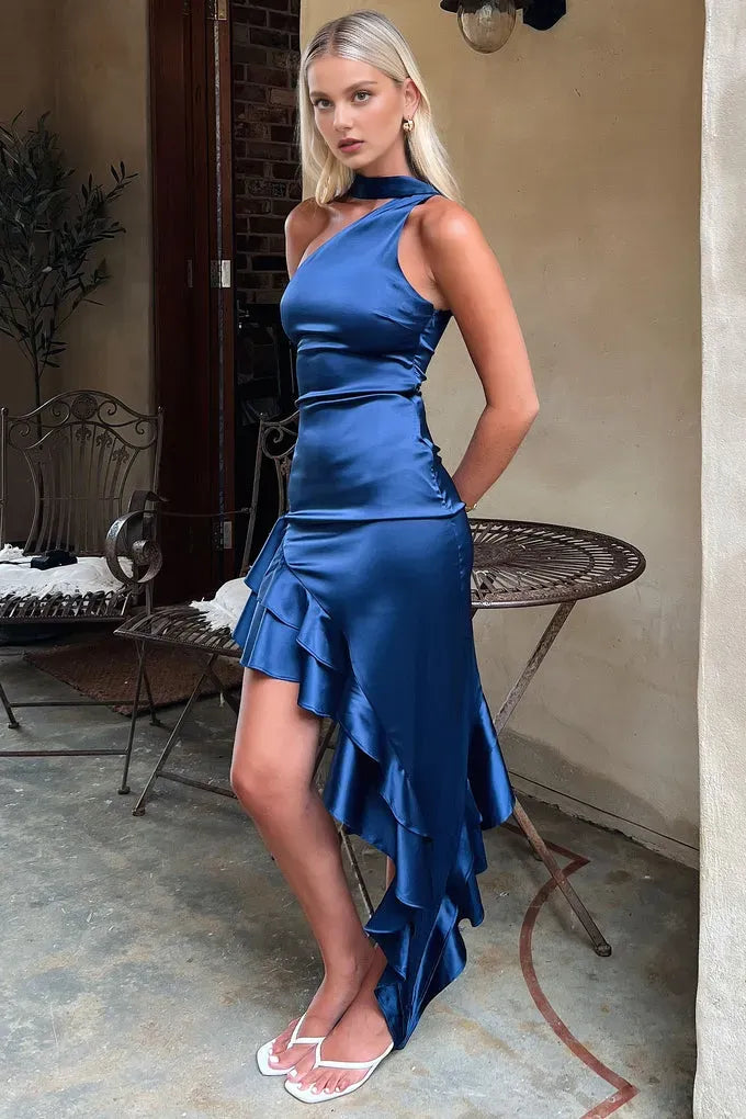Unique Navy Blue One Shoulder Satin Prom Dress ,Evening Party Dresses,WGP2071