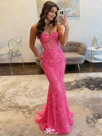 Stunning Hot Pink Lace Prom Dress Mermaid Strapless Embroidered Gown,WGP2133