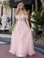 Vintage Floral Applique Prom Dress Pink Off-Shoulder Tulle Wedding Gown,WGP2215