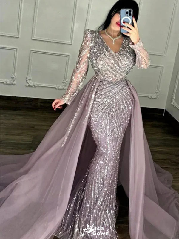 Unique Purple V-Neck Long Sleeve Mermaid Long Prom Dress Ideas, Evening Party Dresses,WGP1904