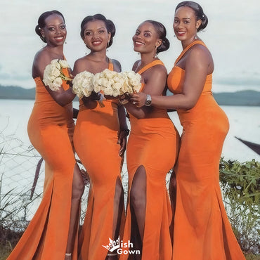 Elegant Orange One-Shoulder Sleeveless Mermaid Long Bridesmaid Dresses Online, WGM428