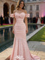 Classy Off-the-Shoulder Ruched Pink Mermaid Prom Dress with Ruffle Sleeves,WGP2199
