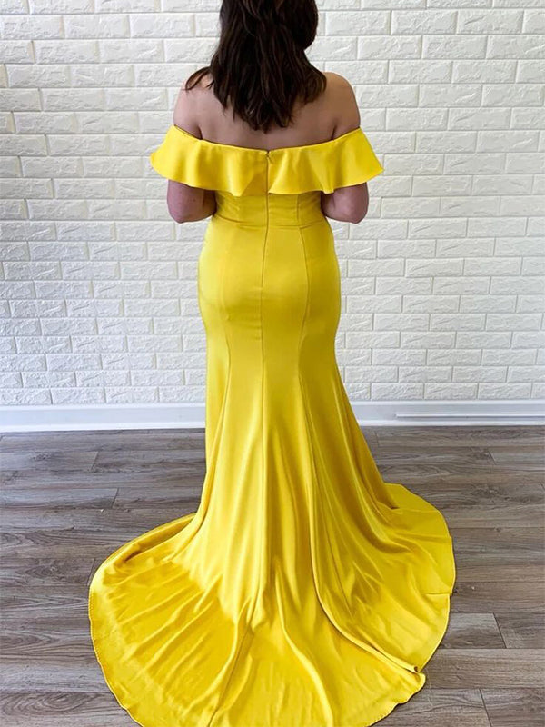 Elegant Yellow Off-Shoulder Mermaid Long Sleeve Popular Long Evening Dresses, Formal Dresses, Birthday Party, WGP659