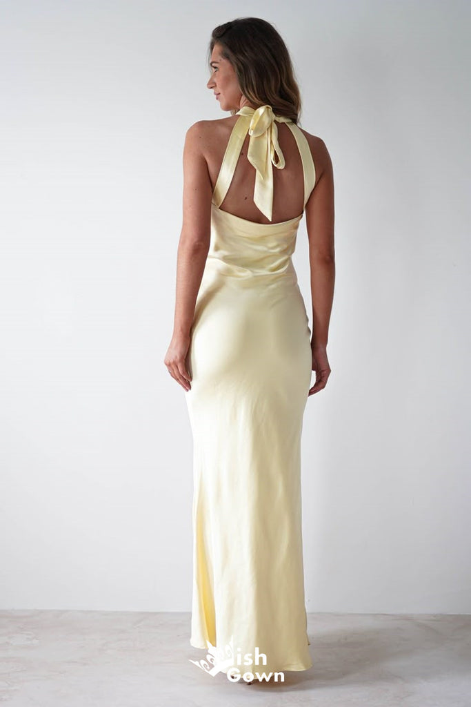 Elegant Halter Pale Yellow Mermaid Satin Long Prom Dresses ,WGP1076