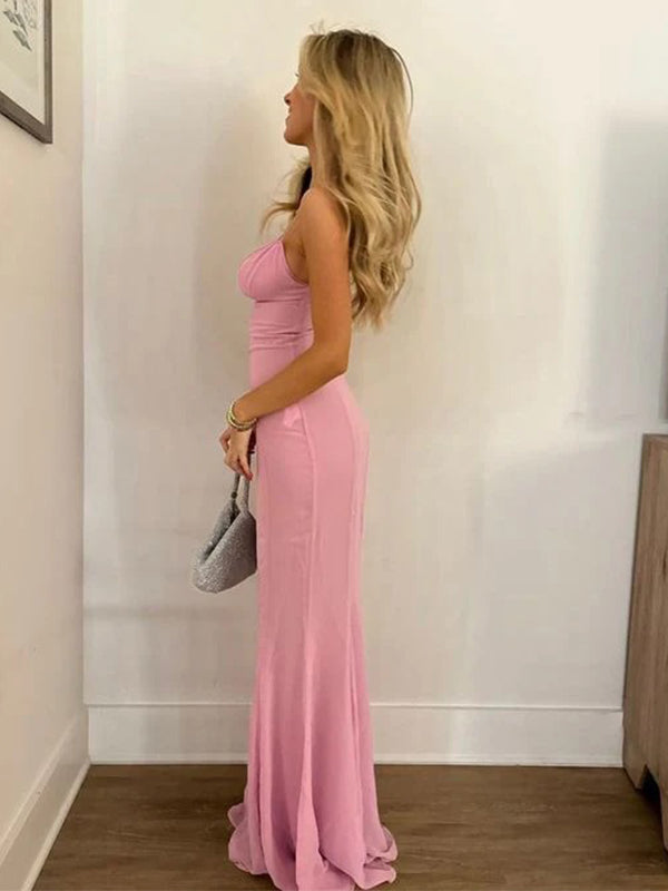 Sexy Pink Spaghetti Strap Mermaid Long Sleeveless Long Party Prom Dresses,Evening Dress Online, WGP773