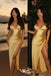 Sexy Spaghetti Straps Satin Yellow V Neck Side Slit Sheath Long Prom Dresses ,WGP1092