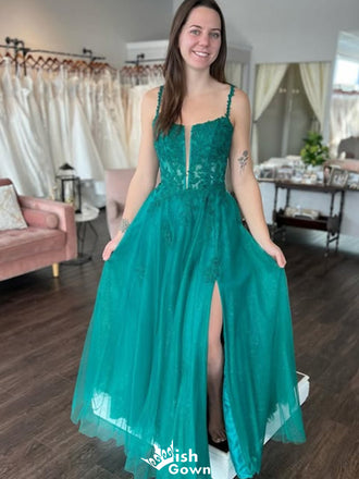 Gorgeous Spaghetti Strap Notched A-line Long Prom Dress Ideas, Evening Party Dresses,WGP1545