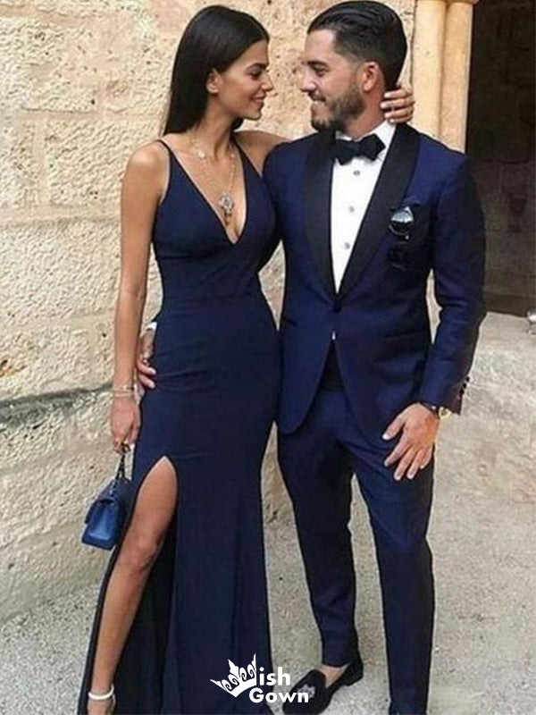 Sexy Blue V-Neck Mermaid Side Slit Long Sleeveless Popular Long Evening Dresses, Formal Dresses, WGP700