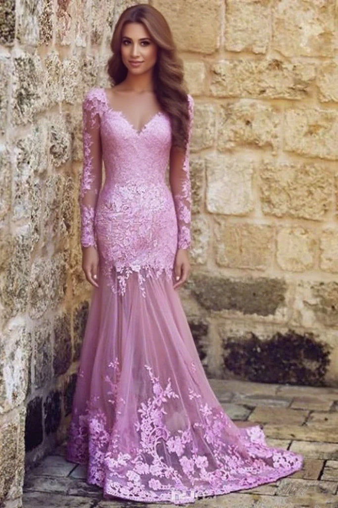 Sexy Applique Pink Long Sleeve Mermaid Long Prom Dress Ideas, Evening Party Dresses,WGP1856