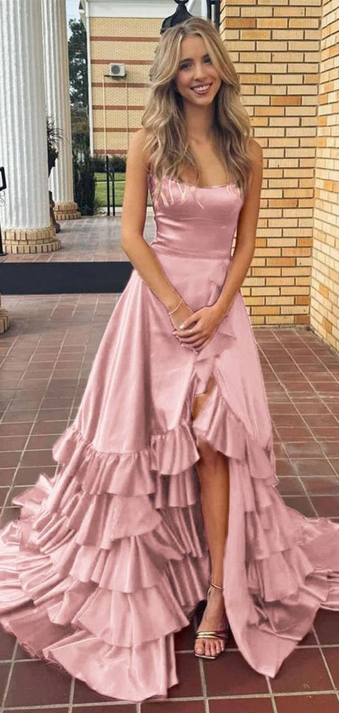 Pretty Rose Pink Spaghetti Strap Satin High Low Prom Dress with Tiered Ruffles,WGP2101