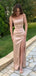 Classy Champagne Satin Prom Dress Sexy Spaghetti Strap High Slit Ruched Formal Gown,WGP2072