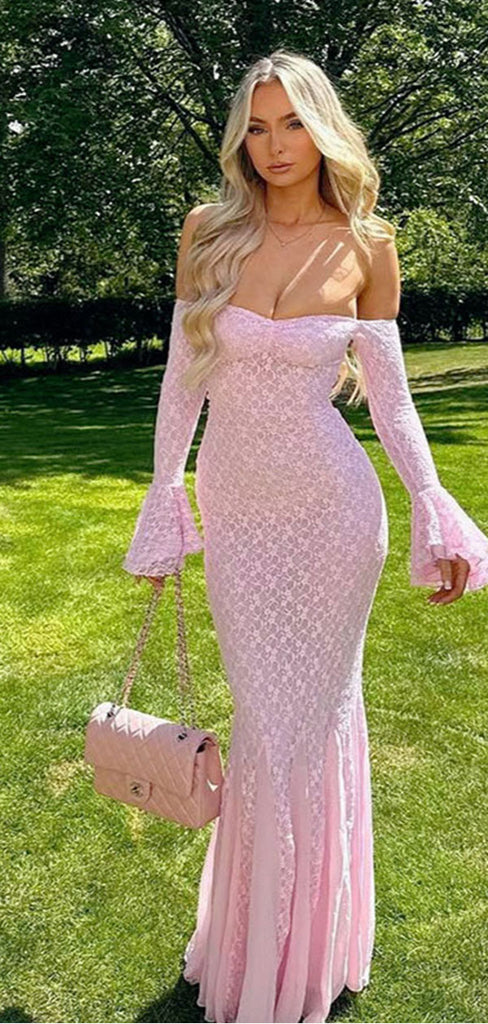 Sexy Pink Off-the-Shoulder Lace Prom Dress with Long Bell Sleeves Mermaid Gown,WGP2179
