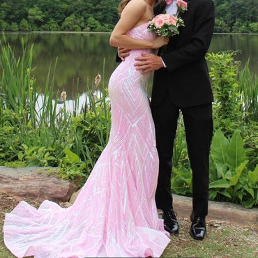 Fancy Pink Sequin Mermaid Prom Gown Sweetheart Neck Glittery Formal Dress,WGP2142
