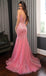 Classy Rose Pink Sequin Prom Gown V-Neck Sparkly Mermaid Formal Wear,WGP2134