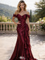 Elegant Burgundy Off Shoulder Satin Shimmer Prom Dress with Ruffled Slit,WGP2119