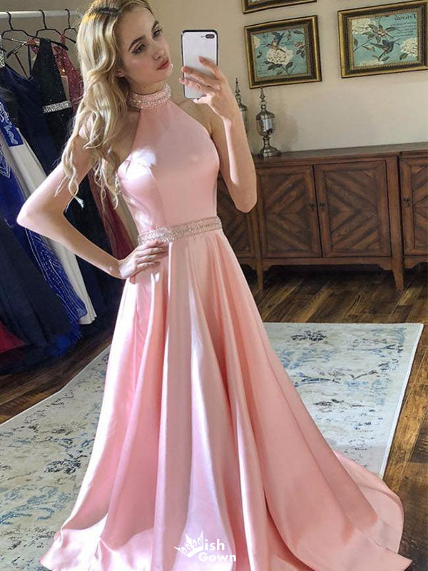 Elegant Pink High-Neck A-Line Long Prom Dress Ideas, Evening Party Dresses,WGP1846
