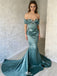 Modern Teal Green Satin Prom Gown Off the Shoulder Crystal Beaded Mermaid Formal Dress,WGP2086