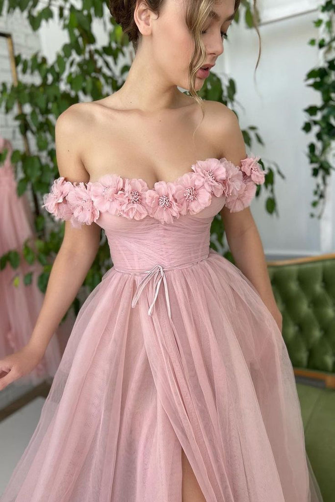 Elegant Pink Off-Shoulder Floral Mermaid Side Slit Long Prom Dress Ideas, Evening Party Dresses,WGP1655