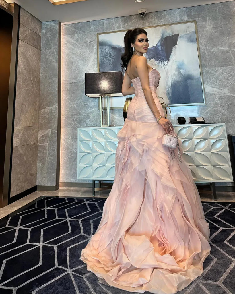 Modern Pale Pink Ruffle Prom Dress Strapless Tiered Tulle Party Gown,WGP2135