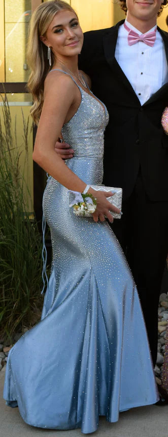 Fancy Glitzy Blue Prom Dress Deep V-Neck Sequined Mermaid Formal Gown,WGP2165