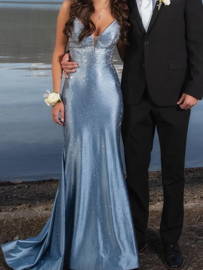 Fancy Glitzy Blue Prom Dress Deep V-Neck Sequined Mermaid Formal Gown,WGP2165