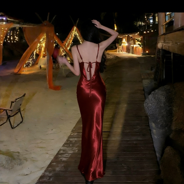 Classy Red Satin Strapless Prom Dress Sleek Backless Maxi Party Gown,WGP2156