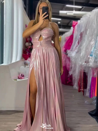 Elegant Pink Spaghetti Strap A-Line Side Slit Long Prom Dress Ideas, Evening Party Dresses,WGP1646